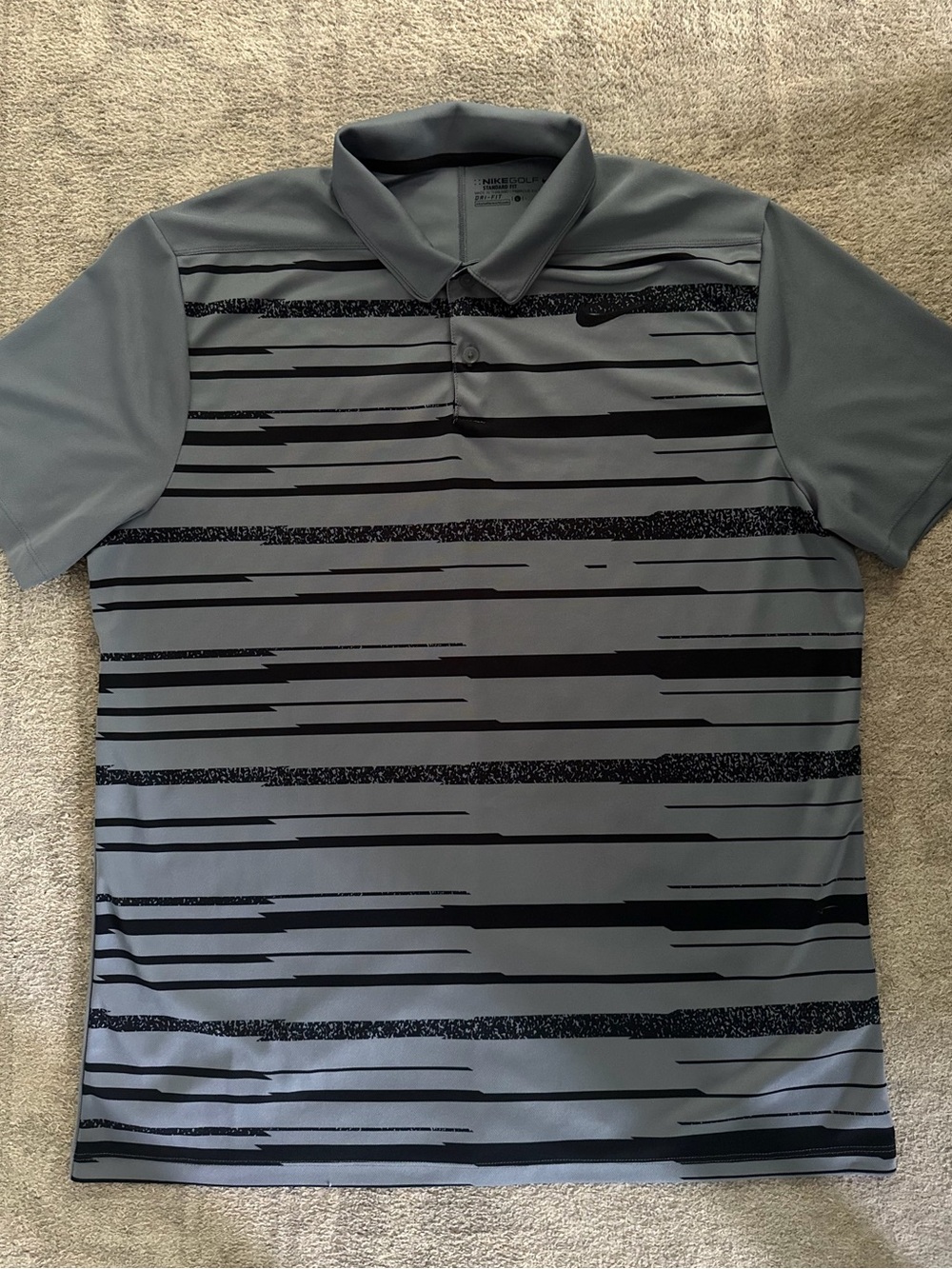 Nike Men's Gray Golf Polo with Black Stripe Pattern